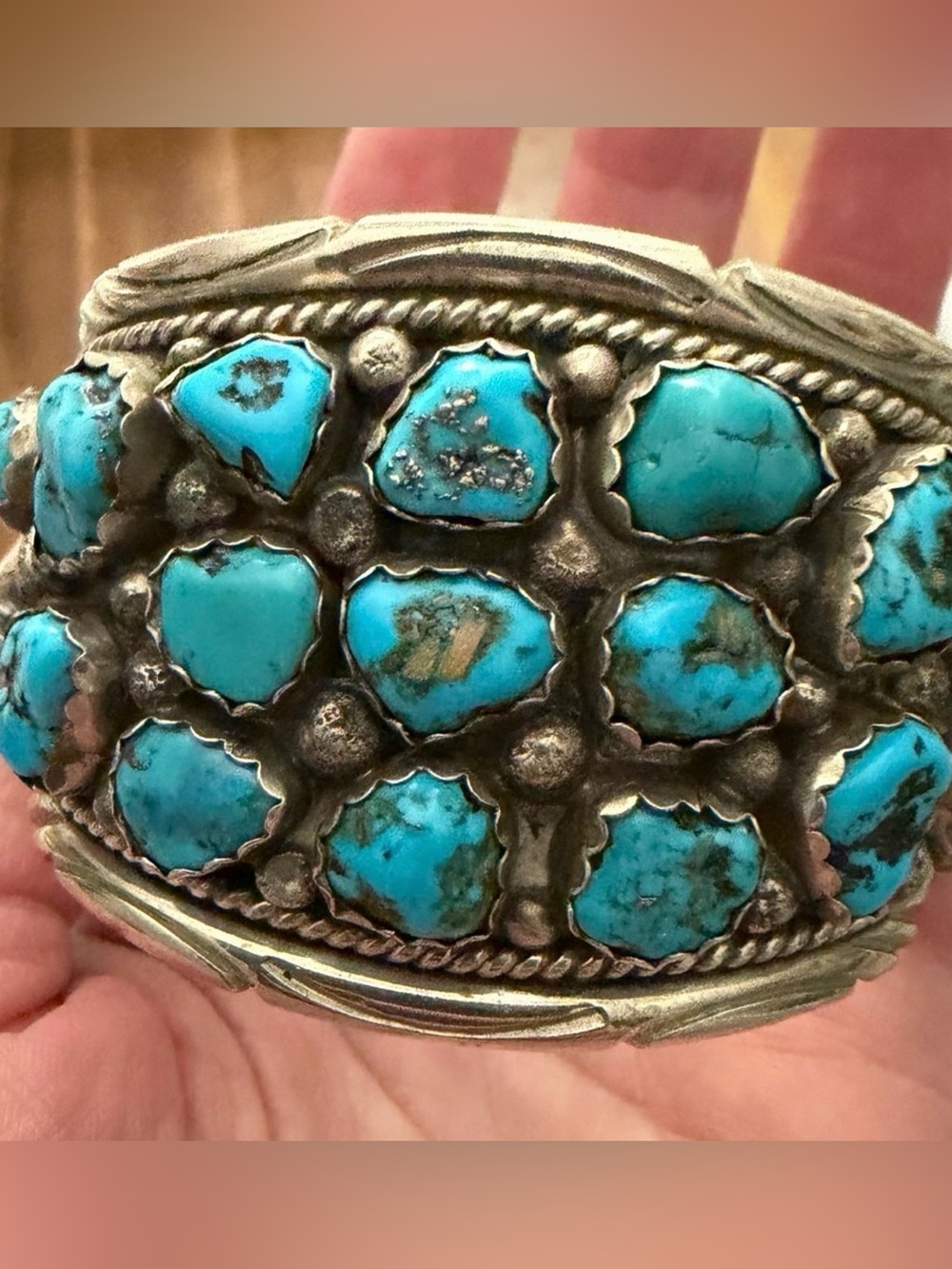 Massive Vintage Navajo Nugget Turquoise Sterling Silver Cuff Bracelet 66 Grams - Picture 7 of 9